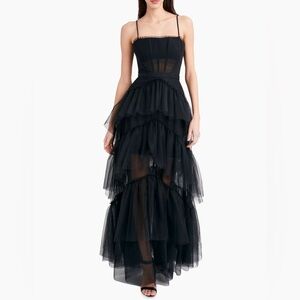 BCBGMAXAZRIA Sheer Tiered Ruffle Gown in black